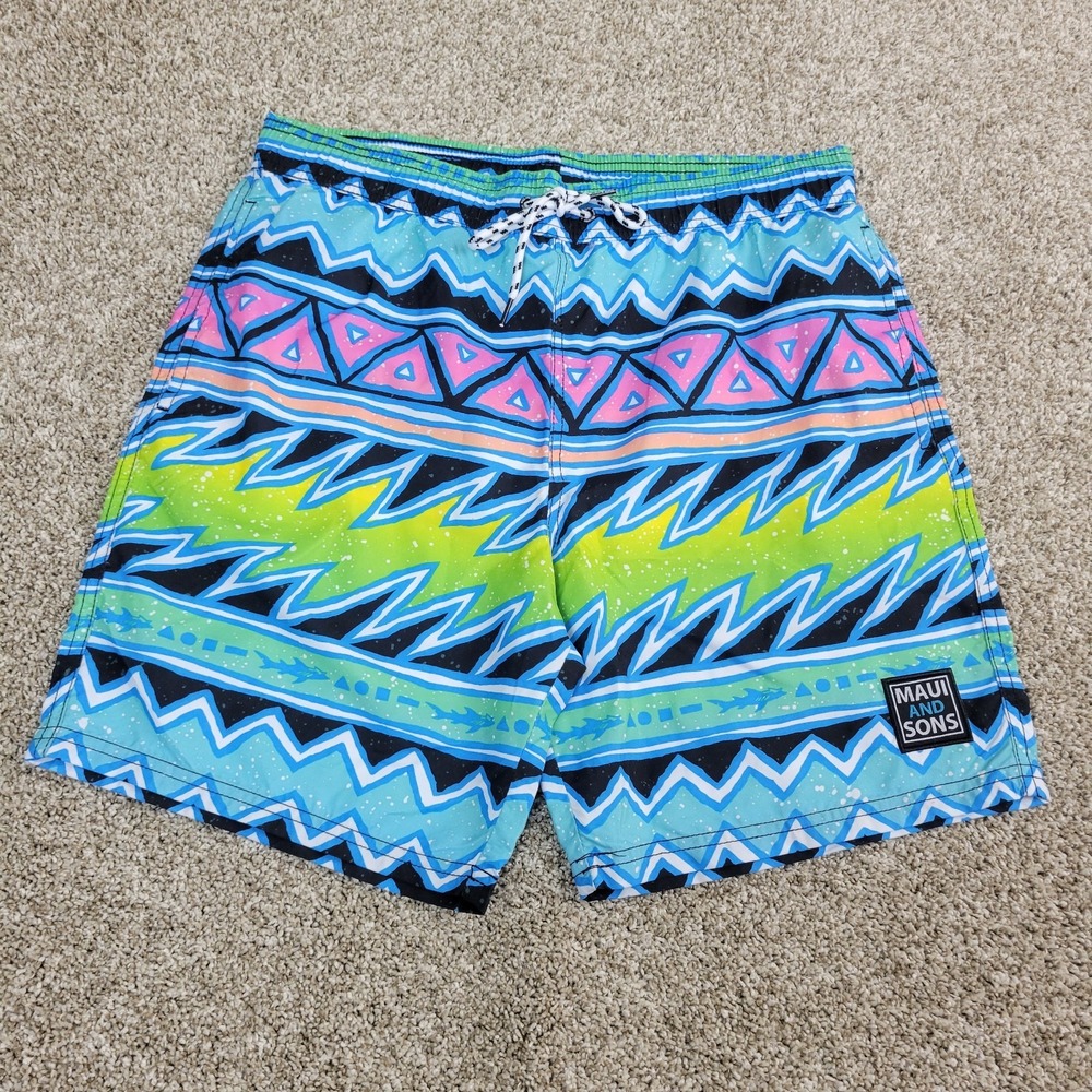 Maui And‎ Sons Mens Medium Multicolor All Over Geometric Striped Swimsuit
